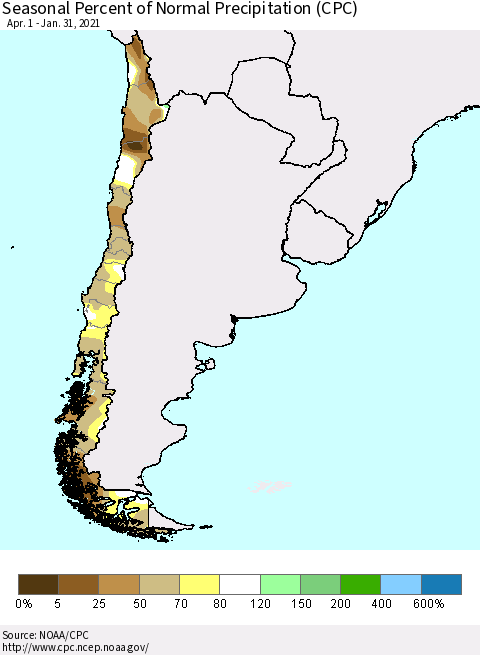 Chile Seasonal Percent of Normal Precipitation (CPC) Thematic Map For 4/1/2020 - 1/31/2021