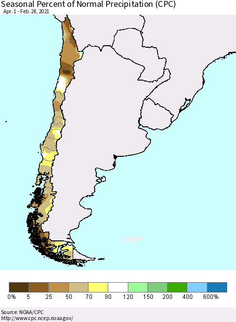 Chile Seasonal Percent of Normal Precipitation (CPC) Thematic Map For 4/1/2020 - 2/28/2021
