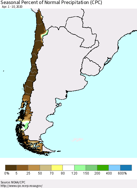 Chile Seasonal Percent of Normal Precipitation (CPC) Thematic Map For 4/1/2020 - 4/10/2020