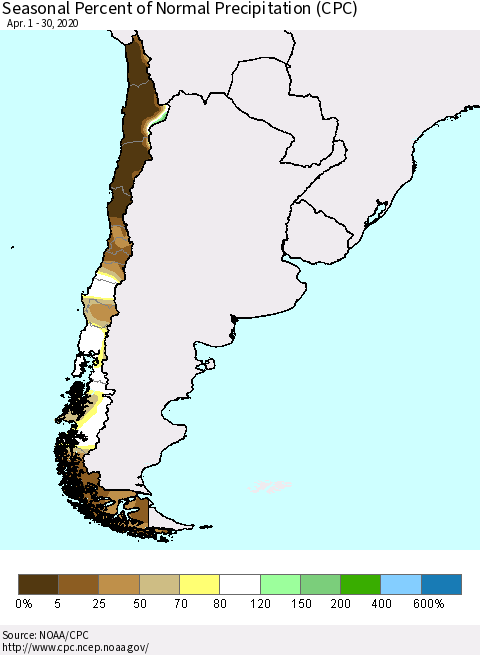 Chile Seasonal Percent of Normal Precipitation (CPC) Thematic Map For 4/1/2020 - 4/30/2020