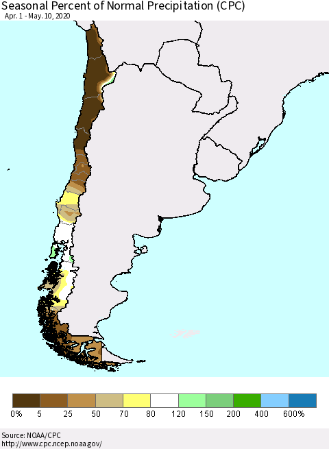 Chile Seasonal Percent of Normal Precipitation (CPC) Thematic Map For 4/1/2020 - 5/10/2020