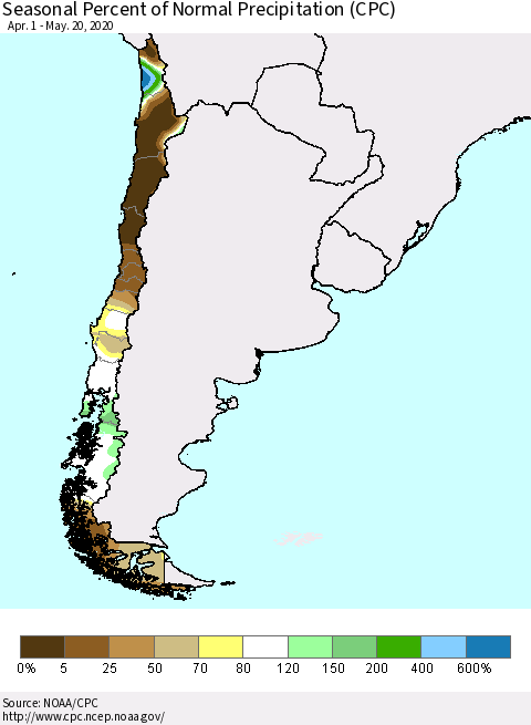 Chile Seasonal Percent of Normal Precipitation (CPC) Thematic Map For 4/1/2020 - 5/20/2020