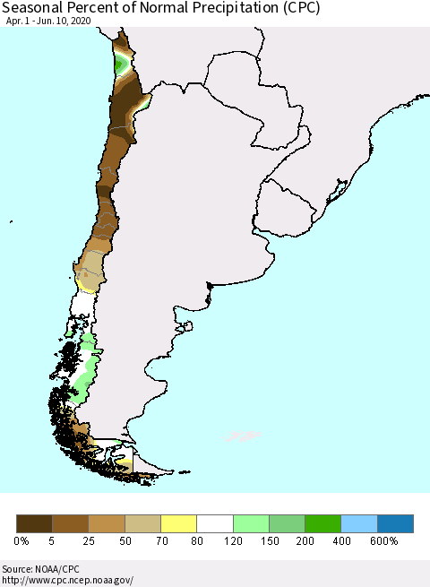 Chile Seasonal Percent of Normal Precipitation (CPC) Thematic Map For 4/1/2020 - 6/10/2020