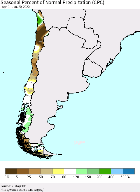 Chile Seasonal Percent of Normal Precipitation (CPC) Thematic Map For 4/1/2020 - 6/20/2020