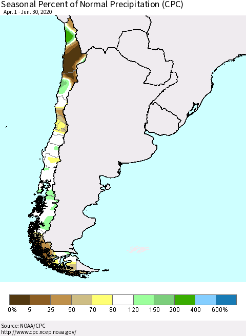 Chile Seasonal Percent of Normal Precipitation (CPC) Thematic Map For 4/1/2020 - 6/30/2020