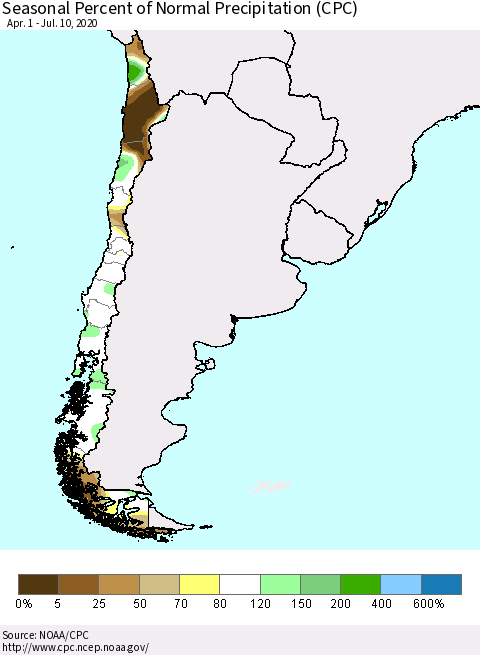 Chile Seasonal Percent of Normal Precipitation (CPC) Thematic Map For 4/1/2020 - 7/10/2020