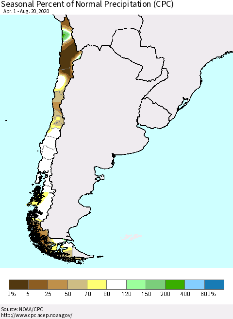 Chile Seasonal Percent of Normal Precipitation (CPC) Thematic Map For 4/1/2020 - 8/20/2020