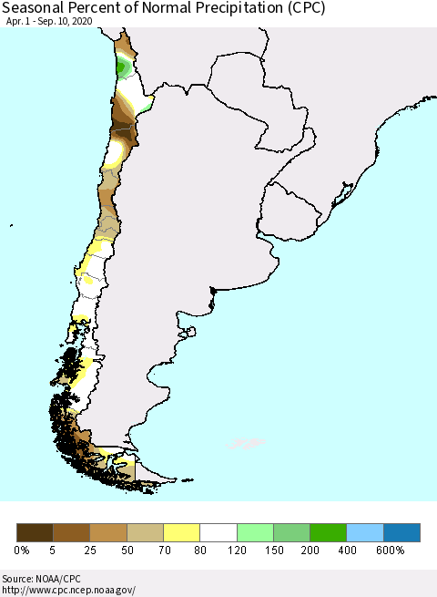 Chile Seasonal Percent of Normal Precipitation (CPC) Thematic Map For 4/1/2020 - 9/10/2020