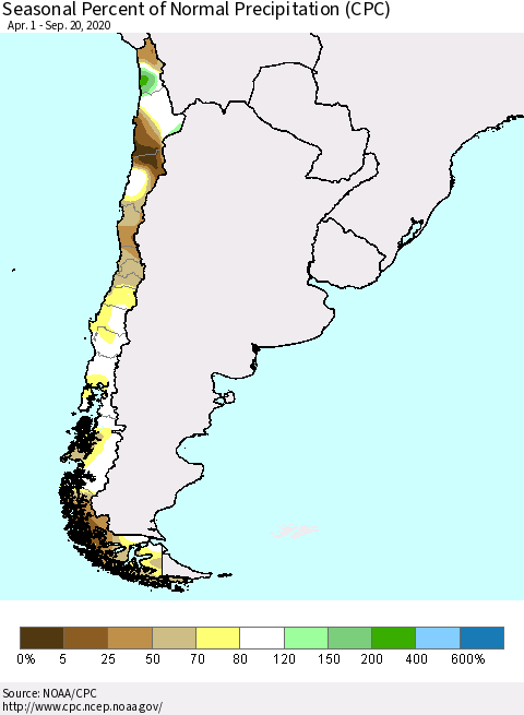 Chile Seasonal Percent of Normal Precipitation (CPC) Thematic Map For 4/1/2020 - 9/20/2020