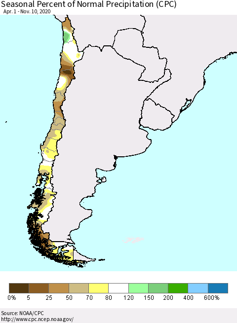 Chile Seasonal Percent of Normal Precipitation (CPC) Thematic Map For 4/1/2020 - 11/10/2020