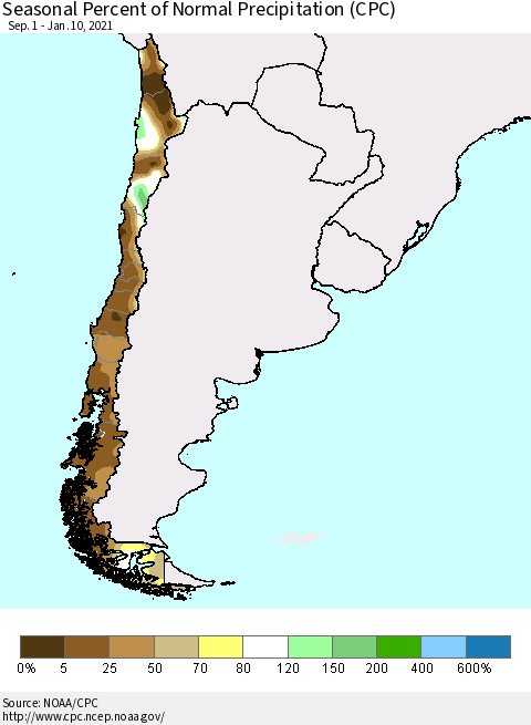 Chile Seasonal Percent of Normal Precipitation (CPC) Thematic Map For 9/1/2020 - 1/10/2021