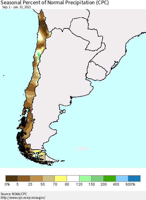 Chile Seasonal Percent of Normal Precipitation (CPC) Thematic Map For 9/1/2020 - 1/31/2021