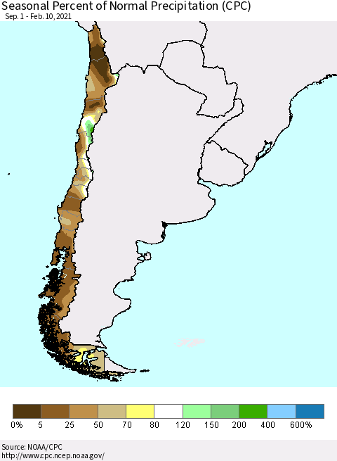 Chile Seasonal Percent of Normal Precipitation (CPC) Thematic Map For 9/1/2020 - 2/10/2021