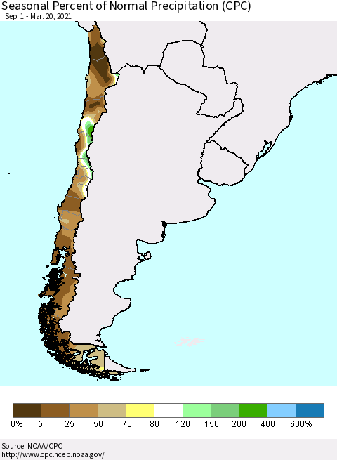 Chile Seasonal Percent of Normal Precipitation (CPC) Thematic Map For 9/1/2020 - 3/20/2021