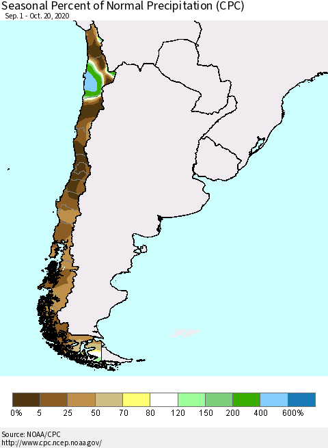 Chile Seasonal Percent of Normal Precipitation (CPC) Thematic Map For 9/1/2020 - 10/20/2020
