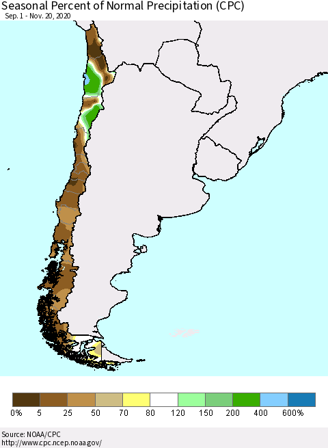 Chile Seasonal Percent of Normal Precipitation (CPC) Thematic Map For 9/1/2020 - 11/20/2020