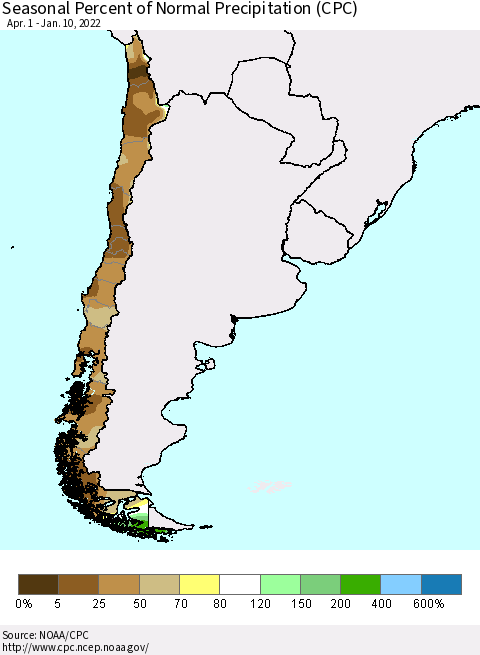 Chile Seasonal Percent of Normal Precipitation (CPC) Thematic Map For 4/1/2021 - 1/10/2022