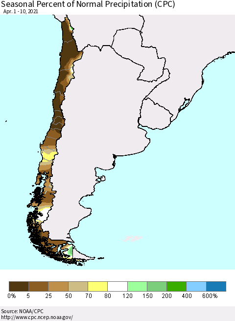 Chile Seasonal Percent of Normal Precipitation (CPC) Thematic Map For 4/1/2021 - 4/10/2021