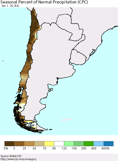 Chile Seasonal Percent of Normal Precipitation (CPC) Thematic Map For 4/1/2021 - 4/30/2021