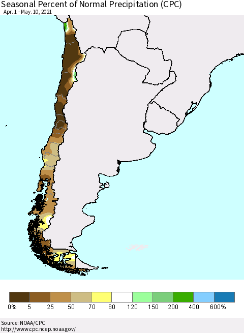 Chile Seasonal Percent of Normal Precipitation (CPC) Thematic Map For 4/1/2021 - 5/10/2021