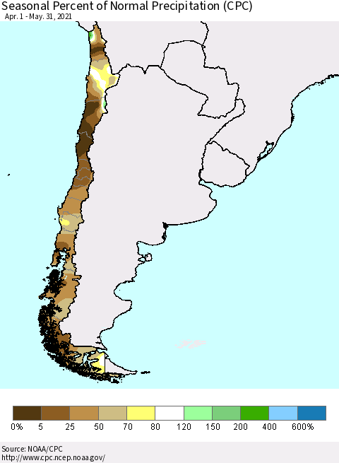 Chile Seasonal Percent of Normal Precipitation (CPC) Thematic Map For 4/1/2021 - 5/31/2021