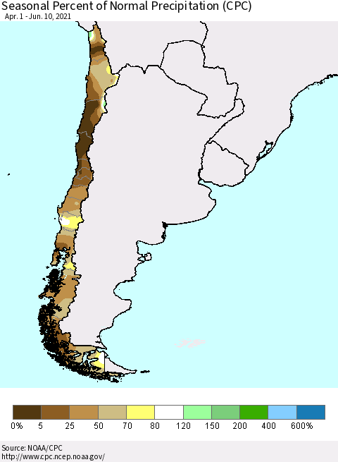 Chile Seasonal Percent of Normal Precipitation (CPC) Thematic Map For 4/1/2021 - 6/10/2021