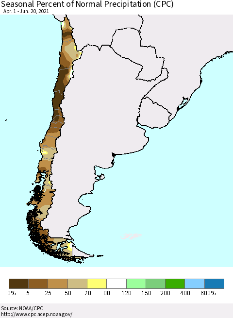 Chile Seasonal Percent of Normal Precipitation (CPC) Thematic Map For 4/1/2021 - 6/20/2021