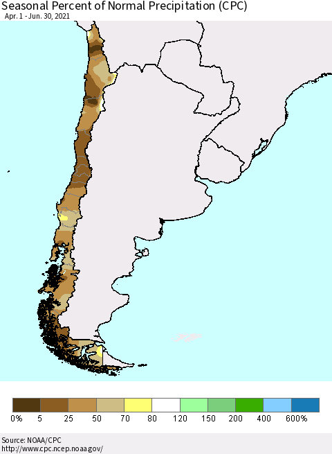 Chile Seasonal Percent of Normal Precipitation (CPC) Thematic Map For 4/1/2021 - 6/30/2021