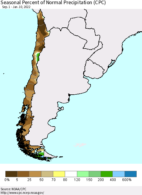 Chile Seasonal Percent of Normal Precipitation (CPC) Thematic Map For 9/1/2021 - 1/10/2022