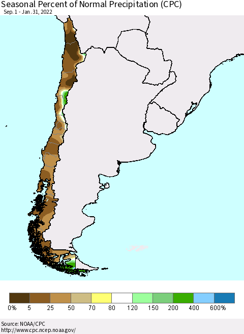 Chile Seasonal Percent of Normal Precipitation (CPC) Thematic Map For 9/1/2021 - 1/31/2022