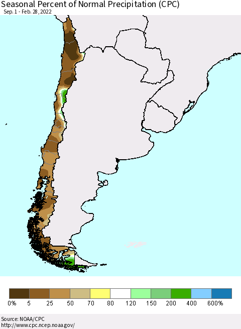 Chile Seasonal Percent of Normal Precipitation (CPC) Thematic Map For 9/1/2021 - 2/28/2022