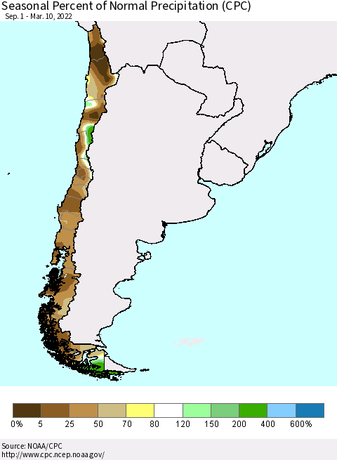 Chile Seasonal Percent of Normal Precipitation (CPC) Thematic Map For 9/1/2021 - 3/10/2022