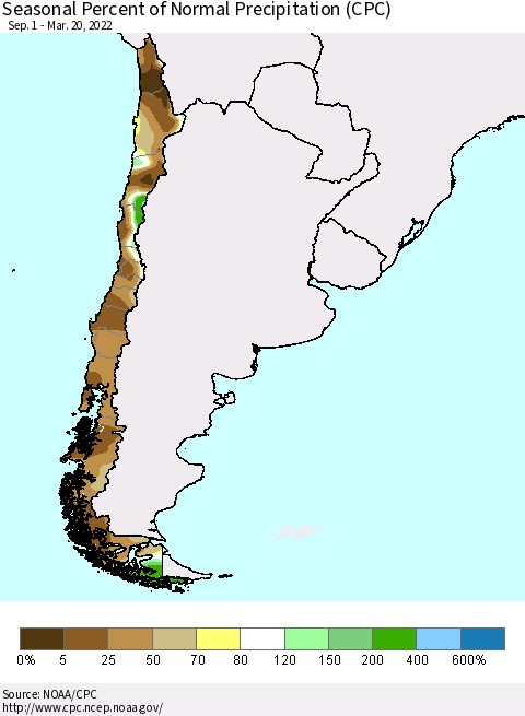 Chile Seasonal Percent of Normal Precipitation (CPC) Thematic Map For 9/1/2021 - 3/20/2022