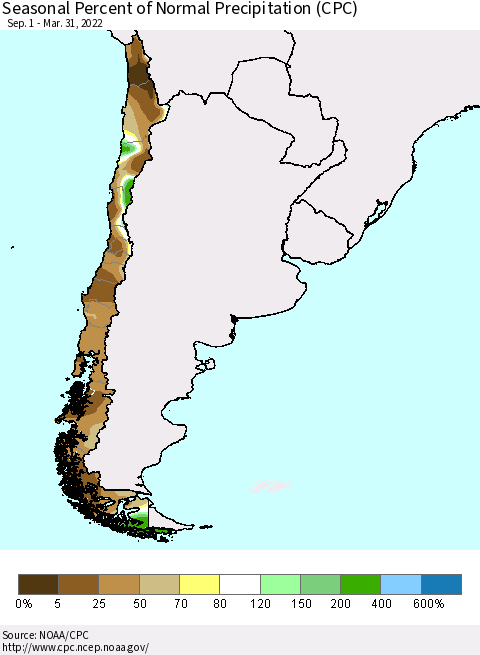 Chile Seasonal Percent of Normal Precipitation (CPC) Thematic Map For 9/1/2021 - 3/31/2022