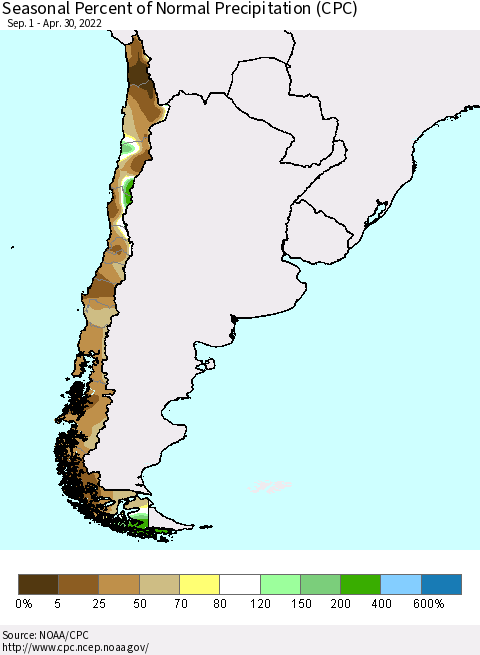 Chile Seasonal Percent of Normal Precipitation (CPC) Thematic Map For 9/1/2021 - 4/30/2022