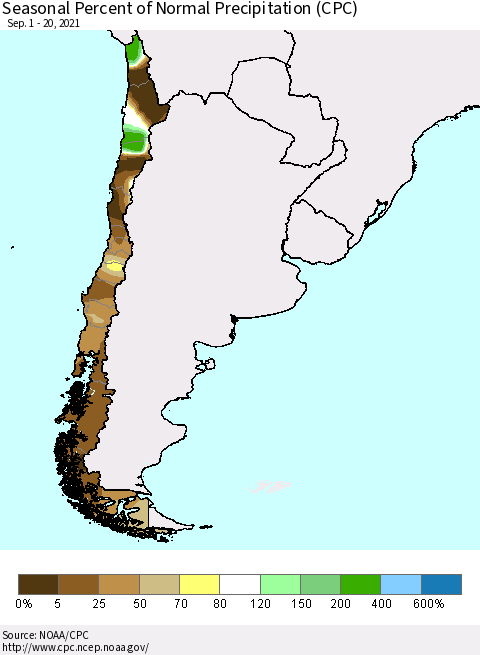 Chile Seasonal Percent of Normal Precipitation (CPC) Thematic Map For 9/1/2021 - 9/20/2021
