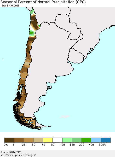 Chile Seasonal Percent of Normal Precipitation (CPC) Thematic Map For 9/1/2021 - 9/30/2021