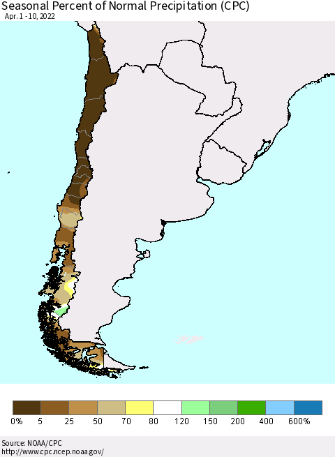 Chile Seasonal Percent of Normal Precipitation (CPC) Thematic Map For 4/1/2022 - 4/10/2022