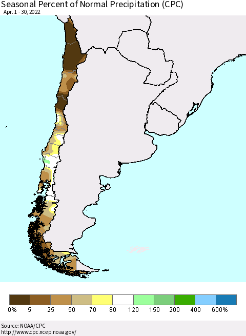 Chile Seasonal Percent of Normal Precipitation (CPC) Thematic Map For 4/1/2022 - 4/30/2022