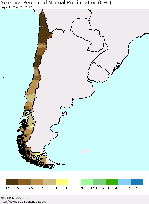 Chile Seasonal Percent of Normal Precipitation (CPC) Thematic Map For 4/1/2022 - 5/20/2022