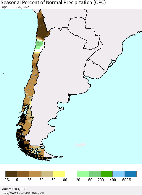 Chile Seasonal Percent of Normal Precipitation (CPC) Thematic Map For 4/1/2022 - 7/20/2022