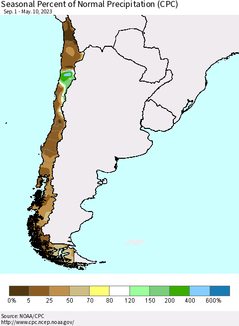 Chile Seasonal Percent of Normal Precipitation (CPC) Thematic Map For 9/1/2022 - 5/10/2023