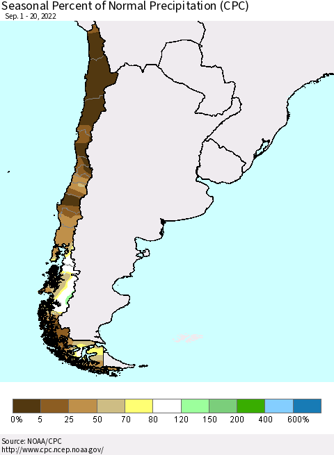 Chile Seasonal Percent of Normal Precipitation (CPC) Thematic Map For 9/1/2022 - 9/20/2022