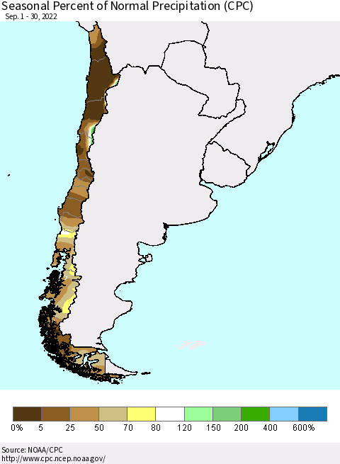 Chile Seasonal Percent of Normal Precipitation (CPC) Thematic Map For 9/1/2022 - 9/30/2022