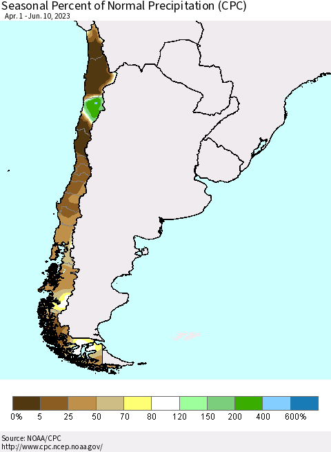 Chile Seasonal Percent of Normal Precipitation (CPC) Thematic Map For 4/1/2023 - 6/10/2023