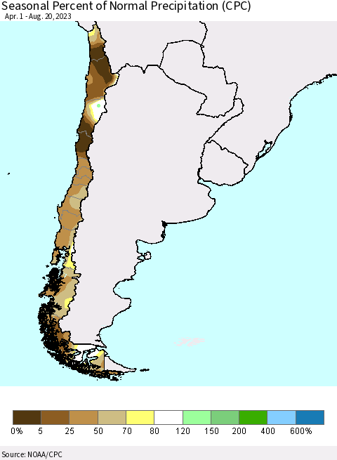 Chile Seasonal Percent of Normal Precipitation (CPC) Thematic Map For 4/1/2023 - 8/20/2023