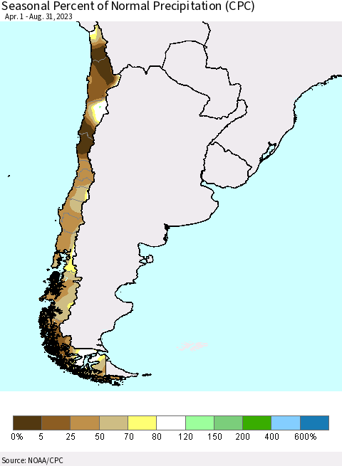 Chile Seasonal Percent of Normal Precipitation (CPC) Thematic Map For 4/1/2023 - 8/31/2023