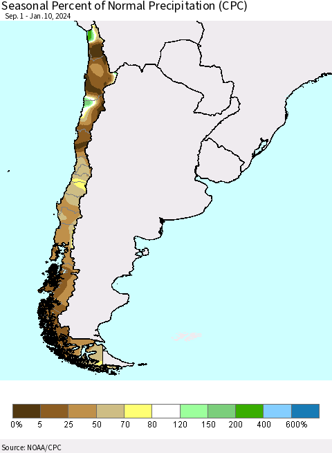 Chile Seasonal Percent of Normal Precipitation (CPC) Thematic Map For 9/1/2023 - 1/10/2024