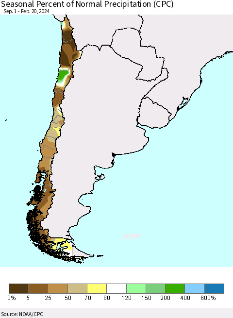 Chile Seasonal Percent of Normal Precipitation (CPC) Thematic Map For 9/1/2023 - 2/20/2024