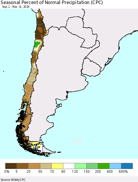 Chile Seasonal Percent of Normal Precipitation (CPC) Thematic Map For 9/1/2023 - 3/31/2024